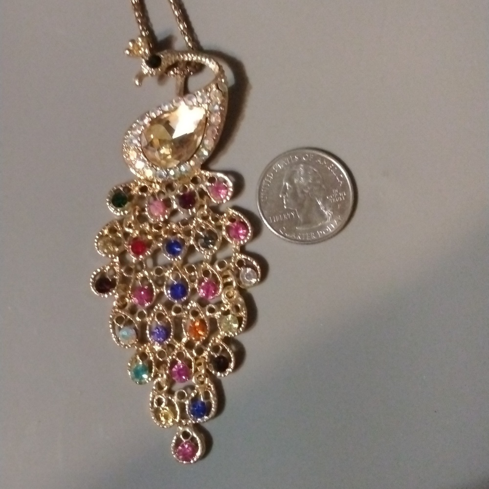 Peacock necklace gold tone 28" (sku 1033)